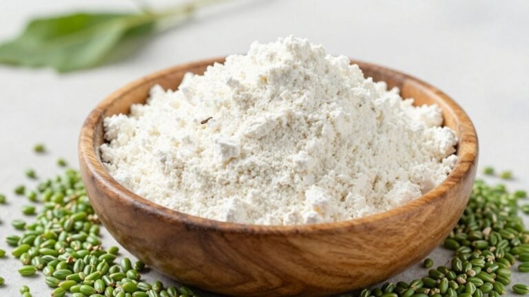 Pó de kefir cremoso em tigela de madeira com grãos frescos.
